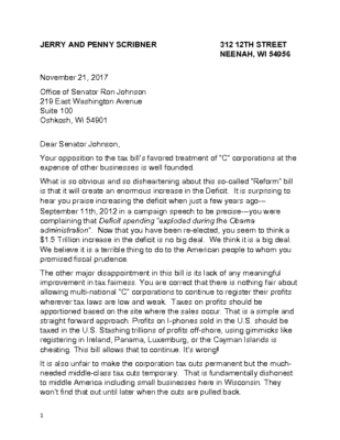 Letter to Senator Ron Johnson November 21 2017