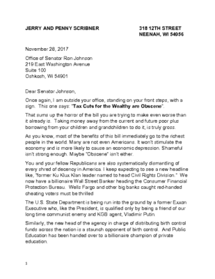 Letter to Senator Ron Johnson November 28 2017